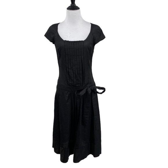 Boss Hugo Boss A-Line Dress Womens Size 2 Black Pleated Short Cap Sleeves Cotton